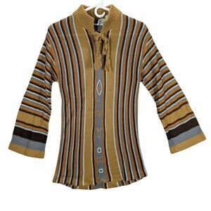 Vtg Lady Van Neff Sweater Womens Medium Tan Striped Lace Up Neck Bell Sleeves